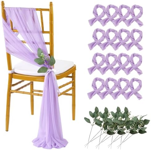 QueenDream Light Purple Wedding Chair Sashes 16 Pieces Wedding Aisle Chair Decorations Long Sheer Church Draping Fabric Chair Covers Bulk with Artificial Eucalyptus by QueenDream