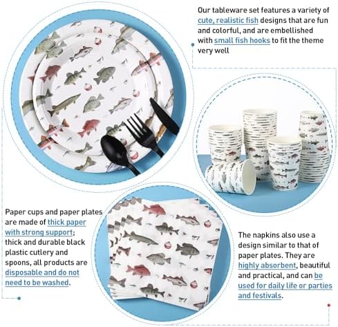 Ziliny 350 Pcs Fishing Party Supplies Tableware Set Disposable 9'' 7'' Paper Plates 9 oz Cups Cutlery Napkins Dinnerware Set for 1st Birthday, Serve 50 (Fishing Birthday, White, Red) - Image 4