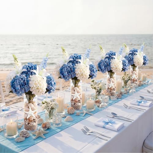 Yinder 6 Set Blue Wedding Flower Table Centerpieces Artificial Hydrangea Flowers Coastal Seashell Starfish Vase Table Decorations Blue White Floral Arrangement for Baby Shower Wedding Party Decor - Image 5