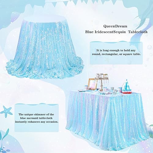 QueenDream Mermaid Blue Tablecloth 90x156 Inches Rectangle Tablecloths Sequin Iridescent Disco Party Decorations - Image 2