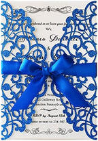 Hosmsua 50PCS Laser Cut Wedding Invitation Cards with Bowknot and Envelopes 5.12 x 7.3''Lace Rose invitation for Sweet 16 Bridal Shower Wedding Invite (Royal Blue Glitter) by Hosmsua
