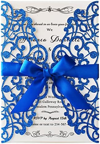 Hosmsua 50PCS Laser Cut Wedding Invitation Cards with Bowknot and Envelopes 5.12 x 7.3''Lace Rose invitation for Sweet 16 Bridal Shower Wedding Invite (Royal Blue Glitter) by Hosmsua