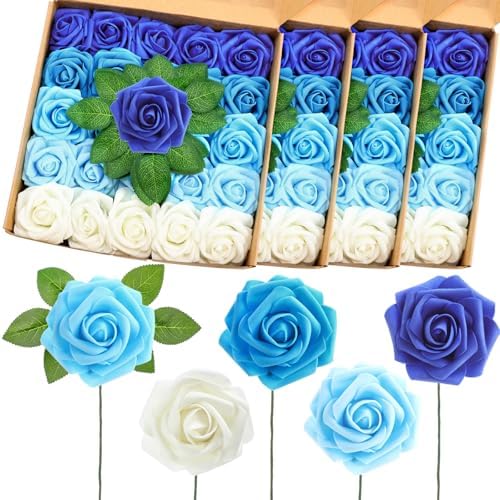 100 Pcs Artificial Rose Flowers, Gradient Blue by Luinabio