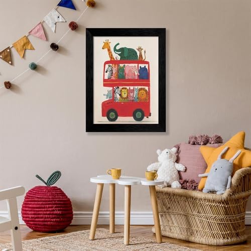 Black Framed Cute Colorful Animal Canvas Wall Art Modern Funny Kids Posters Safari Animals On Red Bus Scene Prints For Toddler Bedroom Nursery Wall Decor 16x20 inch - Image 5
