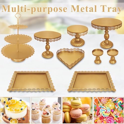 Set of 9 Cake Stands Metal Cupcake Stand Set Multiple Styles Candy Fruit Display Tower Dessert Plate Cake Serving Tray for Birthday Party Wedding Anniversary Baby Shower Engagement (Gold) - Image 6