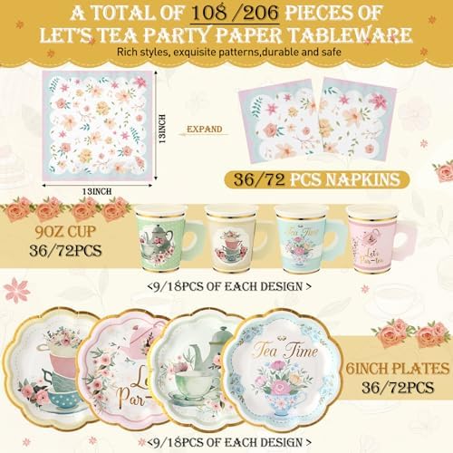 Yungyan 216 Pcs 72 Guest Tea Party Plates and Napkins Sets Floral Tea Party Supplies 6" Paper Plates, 9 oz Cups and Saucers Disposable Tableware Set for Birthday Wedding Bridal Shower Decorations - Image 2