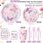 Ziliny 350 Pcs Butterfly Party Supplies Tableware Set Disposable 9'' 7'' Paper Plates 9 oz Cups Cutlery Napkins Dinnerware Set for 1st Birthday, Serve 50 (Butterfly, Purple, Pink) - Image 2