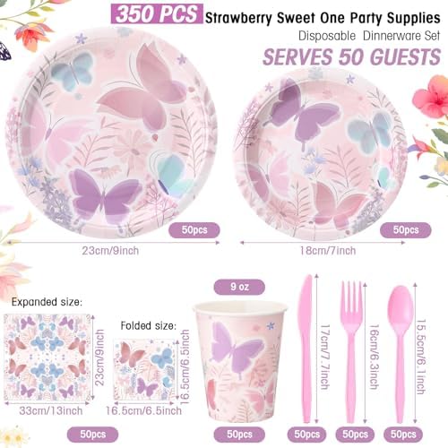 Ziliny 350 Pcs Butterfly Party Supplies Tableware Set Disposable 9'' 7'' Paper Plates 9 oz Cups Cutlery Napkins Dinnerware Set for 1st Birthday, Serve 50 (Butterfly, Purple, Pink) - Image 2