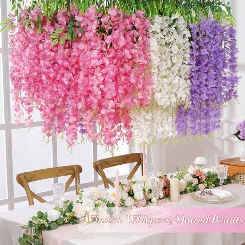Waipfaru 24 Pack Wisteria Hanging Flowers, 3.6 Feet Wisteria Artificial Flowers, Wisteria Garland, Hanging Flowers for Wedding Decoration, Vines for Bedroom Home Wall Decor (White & Pink & Purple) - Image 2