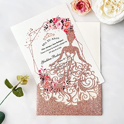 5.12 x7.28 inch 20PCS Rose Gold Glitter Quinceanera Invitations Kit Laser Cut Hollow Girl Princess Pocket with Envelopes Invitations for Quinceanera Bridal Shower Invite - Image 3