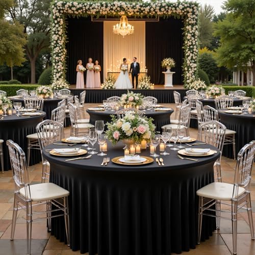 8 Pack Spandex Black Round Tablecloths for 72inch Table, Wrinkle Free 132inch Stretchy Fitted 6ft Round Table Cloth Covers with Skirt for Wedding Birthday Graduation Parties Banquet Events - Image 3
