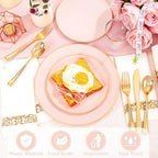 YOUBET 175PCS Pink Plastic Plates with Gold Rim for Wedding Party - Image 4