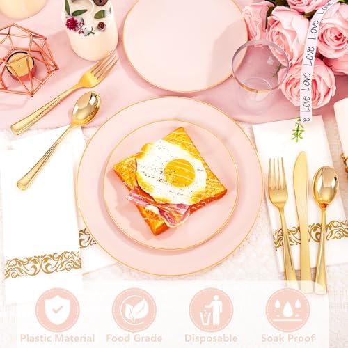YOUBET 175PCS Pink Plastic Plates with Gold Rim for Wedding Party - Image 4