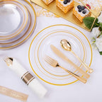 WELLIFE 210PCS Clear-Gold Plastic Plates - Dinnerware Sets for 30 Guests - 60 Disposable Plates, 90 Plastic Silverware, 30 Cups, 30 Napkins for Party - Image 6