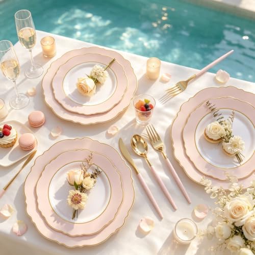WDF 30Guest Pink Plates Disposable - Hign-end Baroque Design - Gold Plastic Silverware with Handle-Baroque Pink &Gold Plastic Dinnerware for Baby Shower/Wedding/Birthday/Summer Party - Image 4
