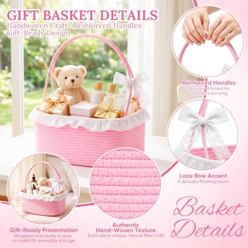 3PACK Pink Woven Gift Basket with Long Handles, Large Gift Basket Empty - Image 3
