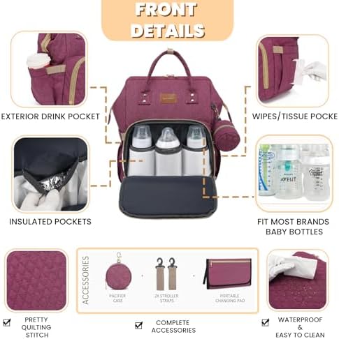 ROSEGIN Diaper Bag Backpack with Changing Pad, Pacifier Case, Baby Bag for Boy Girl Toddler - Large, Stylish, Waterproof Travel Quilted Diaper Bag for Mom - Baby Shower - Purple - Image 3
