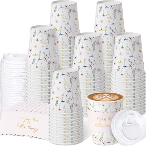 Mimorou 120 Sets Wildflower Coffee Cups with Lids and Sleeves, 8 oz Disposable Paper Cups, Floral Design Insulated Drinking Mugs for Wedding, Baby Shower, Birthday, Party Supplies by Mimorou
