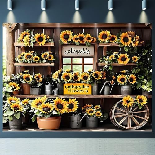 Rustic Sunflowers and Farmhouse Cart Background Sunflower Floral Party Decorations for Homes Gardens Weddings Birthdays Mothers Day Wedding Bridal Shower Versatile Indoor/Outdoor Decor (A, 9x6feet) - Image 4