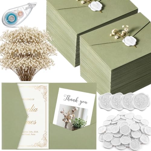 100 Set Wedding Invitation Kits Trifold Pockets,Green,White by Unknown