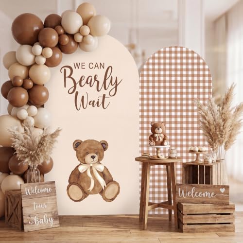 Remagr 2 Pcs We Can Bearly Wait Arch Backdrop Covers (7.2ft, 6ft) Tan Gingham & Teddy Bear Arch Covers Baby Shower Decorations with Checkered Pennant Banner for Baby Shower Party Decor Props - Image 5