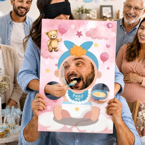 Cinrobiye 6 Set Baby Shower Games Kit Feed the Baby Shower Game with Pacifier Fishing Game, Balloon Baby Bump Limbo Challenge, Blindfold Team Party Activities for Gender Reveal Baby Shower - Image 5