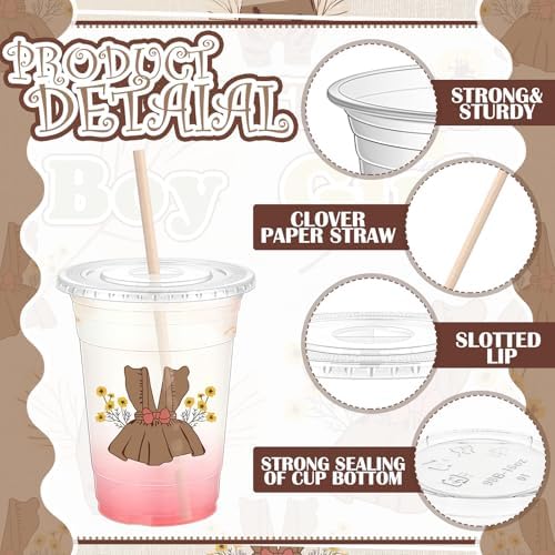 Qinyoung 100 Sets Neutral Gender Reveal Plastic Cups 16 oz with Lid Straw - Image 3