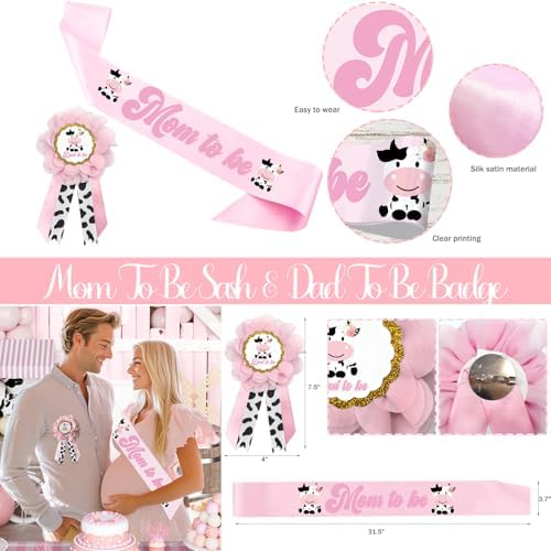 Costova Cow Baby Shower Decorations for Girls, Pink Cow Baby Shower Decorations, Holy Cow We Are Having a Baby Backdrop Balloon Box Tablecloth Sash Pin for Cow Print Its a Girl Gender Reveal - Image 4