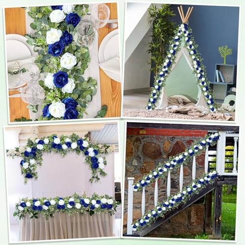 Riceshoot 4 Pcs 26 ft Artificial Eucalyptus Vines Garland with Flowers Faux Floral Greenery Garlands Rose Wreath for Wedding Party Arch Table Decor Backdrop Decorations (Blue and White) - Image 6