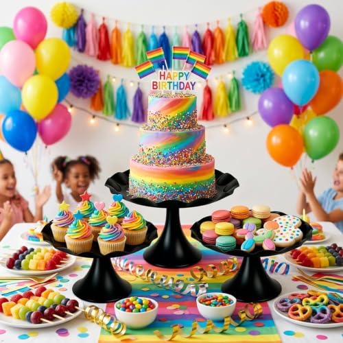 3 Pcs Black Metal Cupcake Stand Scalloped Edge Dessert Display Tray - Image 3