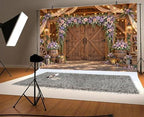 9x6ft Country Wedding Backdrop Purple Lavender Wisteria Flower Wooden Barn Door Western Photography Farmhouse Birthday Baby Shower Anniversary Bridal Party Banner Photo Booth Props Background - Image 3