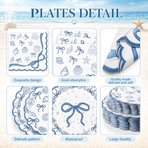 Ceenna 452 Pcs Blue Bow Seashell Plates Napkins Cups Party Supplies for 50 - Image 2