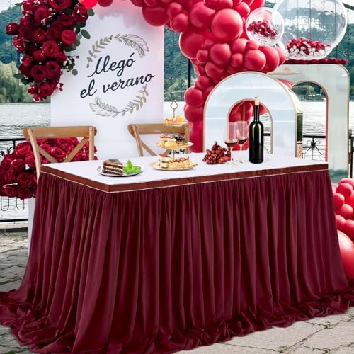 Burgundy Table Skirt 14FT Chiffon Table Skirting 2 Layer Rectangle Green Tablecloth for Birthday Baby Shower Wedding - Image 5