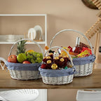 WICKERWISE Traditional White Round Willow Gift Basket with Gingham Liner and Sturdy Handles, Food Snacks Storage Basket, Blue, Foldable Handles Set of 3 - Image 2