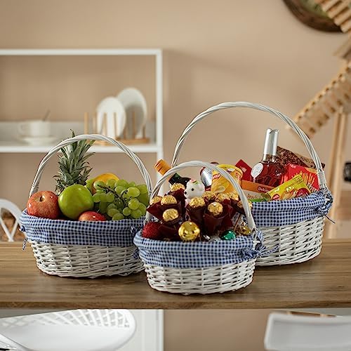 WICKERWISE Traditional White Round Willow Gift Basket with Gingham Liner and Sturdy Handles, Food Snacks Storage Basket, Blue, Foldable Handles Set of 3 - Image 2