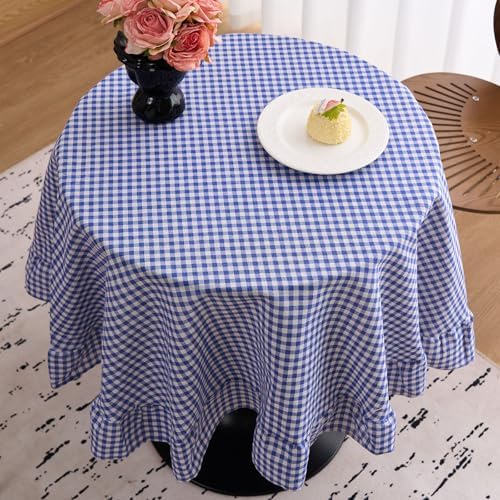 vctops Farmhouse Blue Gingham Ruffle Table Cloth, Boho Cotton Linen Tablecloth, Washable Table Cover for Round Table Baby Shower Kitchen Party Wedding Decor (Blue,70") - Image 3