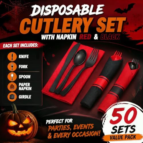 Lasnten 50 Sets Halloween Pre Rolled Silverware, Black Red Disposable - Image 2