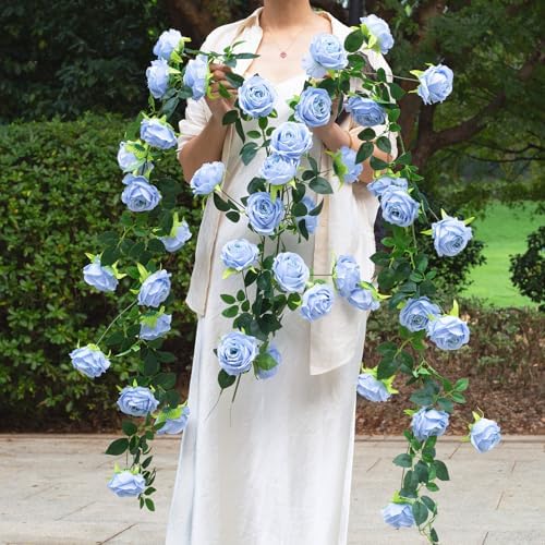 2Pcs 12Ft Bendable Flower Garland Faux Rose Vine for Wedding Decor,Blue - Image 4