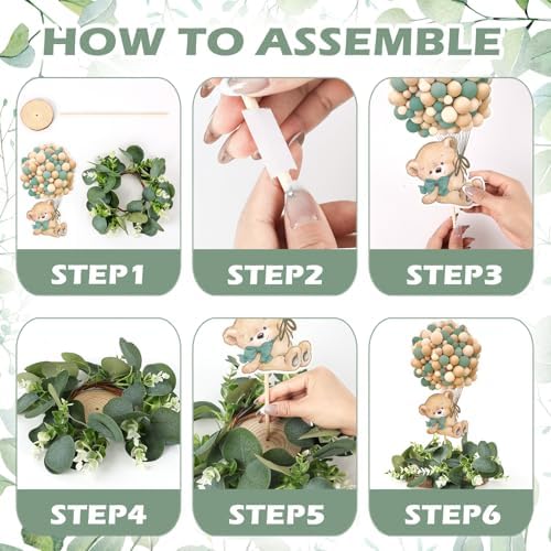 6 Set Baby Shower Bear Table Centerpieces Decortion Sage Green Bear with Eucalyptus Wreath Wood Slices Welcome Baby Table Toppers for Boy Or Girl Gender Reveal Party Favors - Image 3