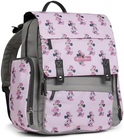 Disney Diaper Bag Backpack with Changing Pad Minnie Mouse – 16” Nylon Baby Bag for Parents, Insulated Bottle Holders, Multiple Storage Pockets by Disney
