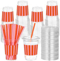 Sliner 50 Sets Pink Orange Striped Plastic Cups with Lids and Paper Straws by Sliner