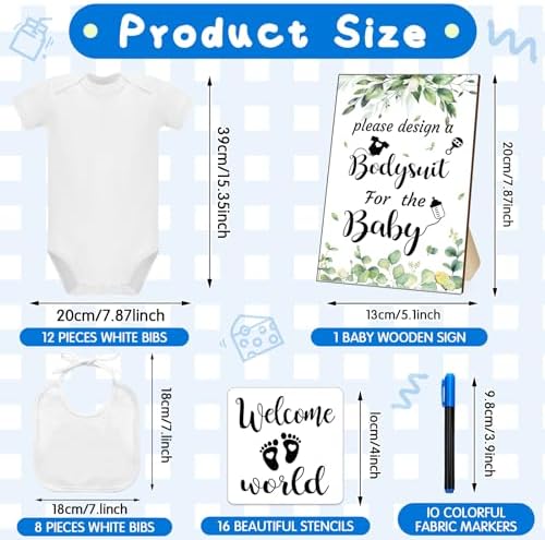 Chuarry 43 Pcs DIY Baby Bibs Decorating Kit 8 Bodysuits 8 Pcs 2 Ply White Bibs 10 Fabric Markers 16 Stencils Baby Shower Sign (Greenery) - Image 2