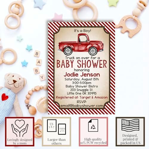 Amanda Creation Custom Baby Shower Invites Red Truck Baby Shower Invitation 20 5x7 Custom Personalized Invites With Envelopes - Image 2