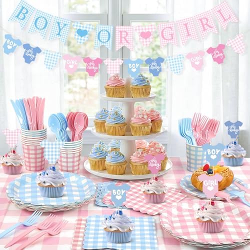 Tenshun 212Pcs Gingham Gender Reveal Party Supplies Set, Pink or Blue - Image 4