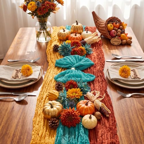 6 Pcs Terracotta and Teal Green Cheesecloth Table Runner 118" - Image 3