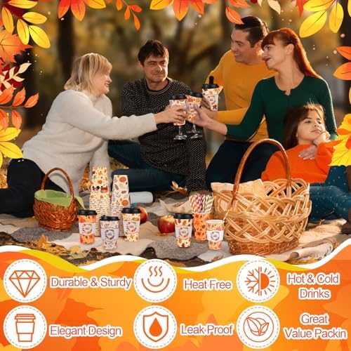 Jingmore 48 Sets 16oz Disposable Paper Coffee Cups with Lids Sleeves Straws Holiday Paper Drinking Cups Bulk for Hot Cold Beverages Home Business Cafe Birthday Party Supplies (Fall) - Image 5