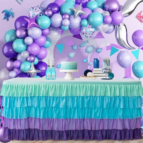 14ft Table Skirt Mermaid Tablecloth Purple Mermaid Table Skirt Rectangle Ruffle Baby Shower Gender Reveal Mermaid Birthday Party Decorations by Jevix