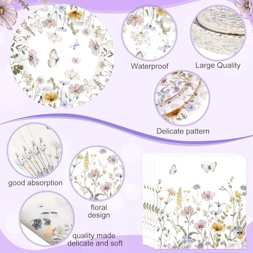 400 Pcs Wild Floral Disposable Paper Plates Napkins Cups Serve 50 Watercolor Floral Tableware Set for Spring Wedding Tea Party Decoration Bridal Shower Baby Shower(Elegant Color,Chic Style) - Image 3