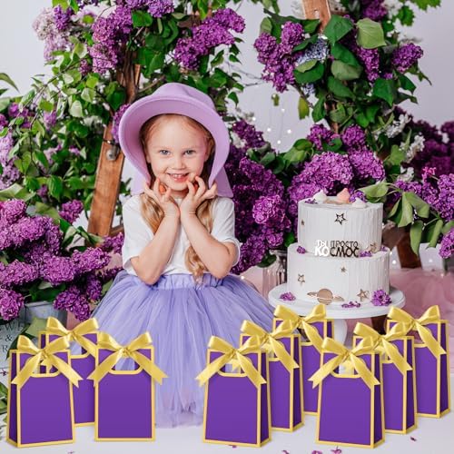 AmazingSpark 50 Pcs Purple Gold Mini Gift Bags Bulk 6.3 x 3.9 x 2.8 Inch Party Favors Elegant Small Gift Bags with Handles and Ribbon Bows for Wedding Birthday Bridal Baby Shower Party Favors - Image 5