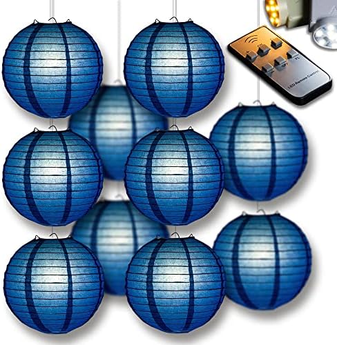PaperLanternStore.com 10" Navy Blue Paper Lantern Party Pack with Remote Controlled LED Lights (10-Pack Combo Kit) by Fantado+Party+%26+Event+Lighting
